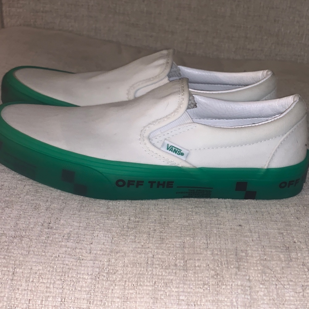 Vans White Slip-On Sneakers with Green Midsole